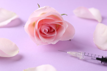 Cosmetology. Medical syringe, rose flower and petals on pink background, closeupの写真素材