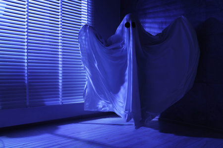 Creepy ghost. Woman covered with sheet near window in blue lightの写真素材