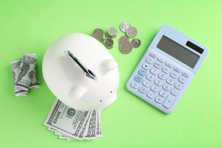 Financial savings. Piggy bank, dollar banknotes, coins and calculator on green background, flat layの写真素材