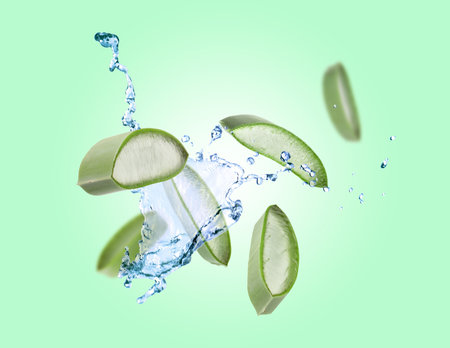 Sliced aloe vera leaf and splashes of juice on aquamarine backgroundの写真素材