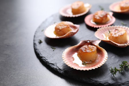 Delicious fried scallops in shells on gray table, closeupの写真素材