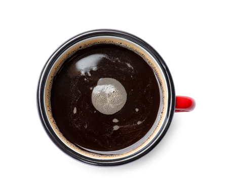 Aromatic coffee in cup isolated on white, top viewの写真素材