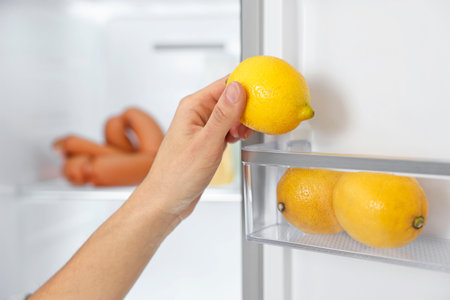Young woman taking lemon out of refrigerator, closeupの写真素材