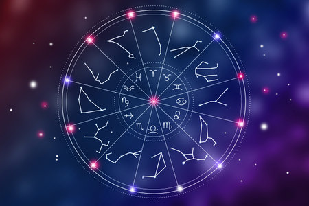 Zodiac wheel with symbols and constellation stick figure patterns against spaceの写真素材