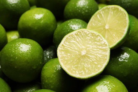 Whole and cut fresh limes with water drops as background, closeupの写真素材