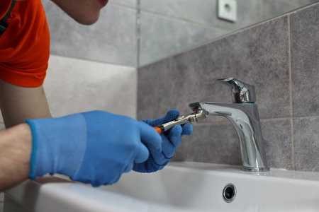 Plumber repairing faucet with spanner in bathroom, closeupの写真素材
