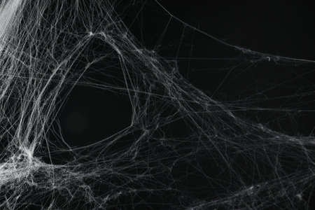 Creepy white spider web on black backgroundの写真素材