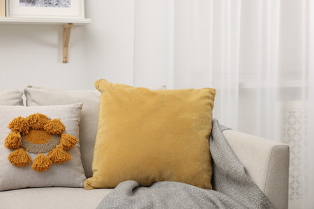 Soft pillows and blanket on sofa indoorsの写真素材