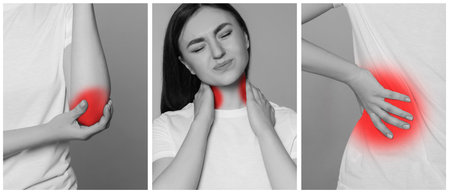 Women suffering from rheumatism, black and white effect with red accent. Collage of photos, banner...