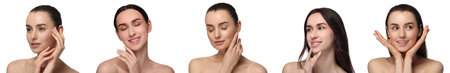 Beautiful women with perfect smooth skin on white background, collage of photos
