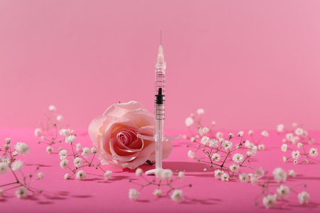 Cosmetology. Medical syringe, rose and gypsophila flowers on pink backgroundの写真素材