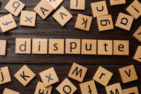 Squares with word Dispute on dark wooden table, flat layの写真素材