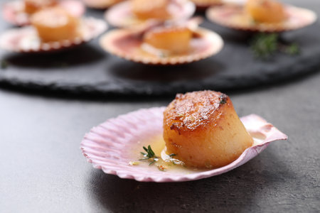 Delicious fried scallop in shell on gray table, closeup. Space for text
