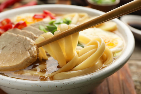 Eating delicious ramen with chopsticks at table, closeup. Noodle soupの写真素材
