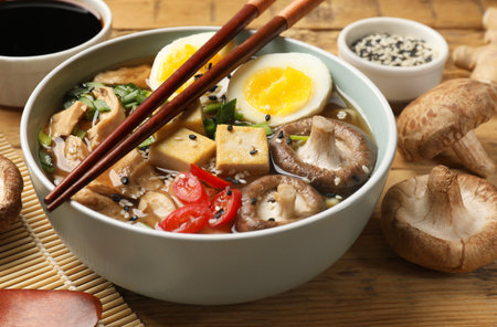 Bowl of delicious ramen and ingredients on wooden table, closeup. Noodle soupの写真素材