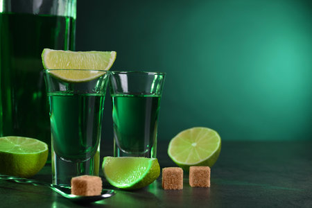 Absinthe in shot glasses, spoon, brown sugar cubes and lime on gray textured table against green background, space for text. Alcoholic drinkの写真素材