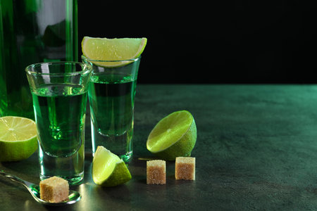Absinthe in shot glasses, spoon, lime and brown sugar cubes on gray textured table against black...