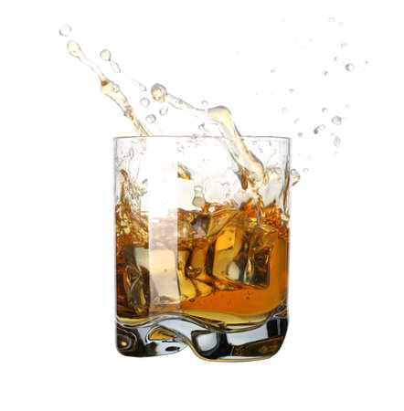 Whiskey splashing out of glass on white backgroundの写真素材