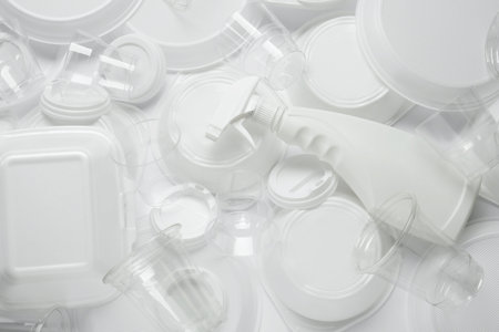 Different white plastic items as background, closeupの写真素材