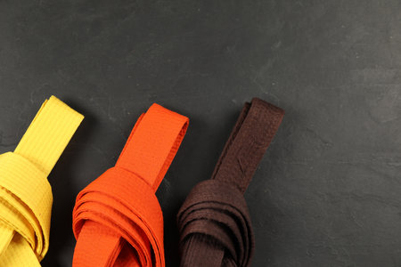 Colorful karate belts on gray background, flat lay. Space for textの写真素材
