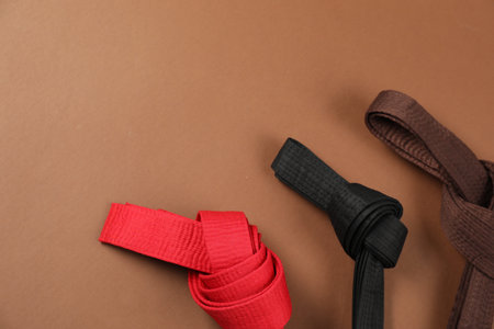 Colorful karate belts on brown background, flat lay. Space for textの写真素材