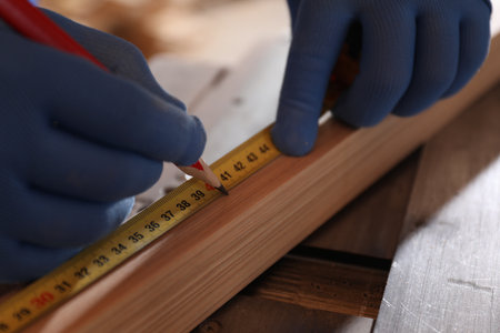 Professional carpenter making mark on wooden bar in workshop, closeupの写真素材
