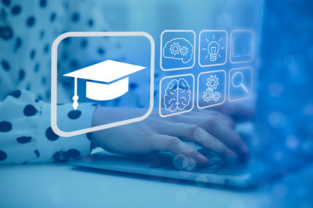 E-learning. Woman working with laptop at table, closeup. Illustrations of different icons