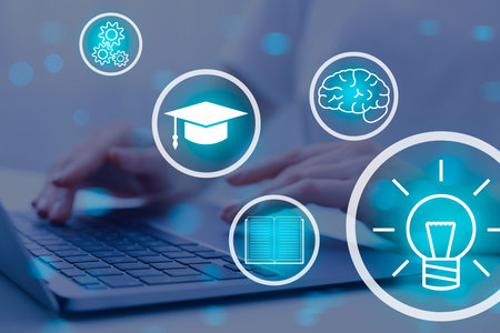 E-learning. Woman working with laptop at table, closeup. Illustrations of different icons
