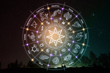 Zodiac wheel showing 12 signs against night skyの写真素材