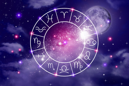 Zodiac wheel showing 12 signs against night skyの写真素材