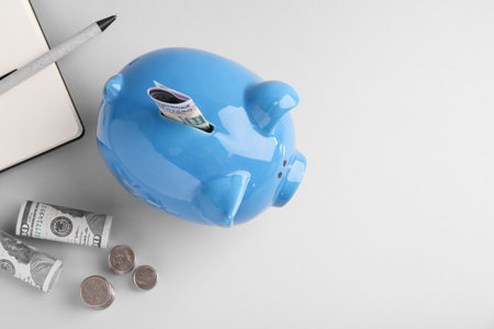 Financial savings. Piggy bank, dollar banknotes, coins and stationery on gray background, flat lay. Space for textの写真素材