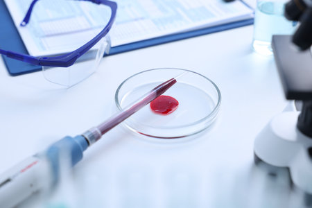 Dripping blood sample onto Petri dish on white table in laboratory, closeupの写真素材