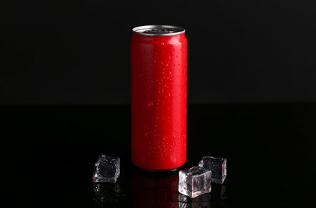 Energy drink in wet can and ice cubes on black background