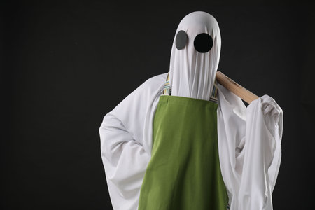 Woman in ghost costume and apron with rolling pin on black background, space for textの写真素材