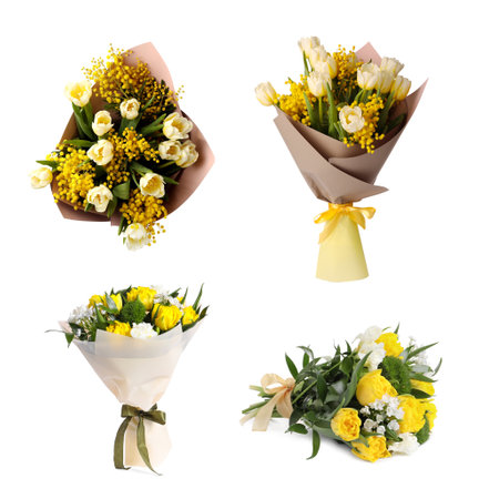 Beautiful bouquets of tulip flowers isolated on white, setの写真素材