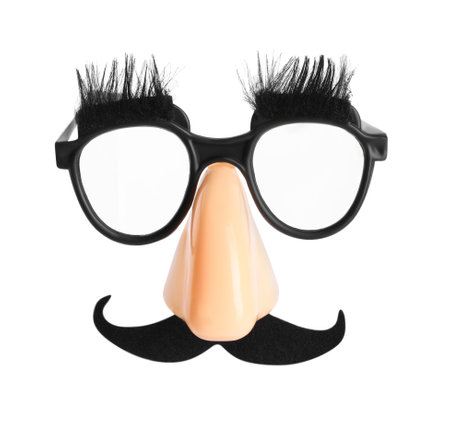 Funny mask with fake mustache, nose and glasses isolated on whiteの写真素材