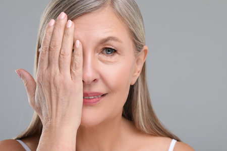 Beautiful mature woman with healthy skin on gray backgroundの写真素材