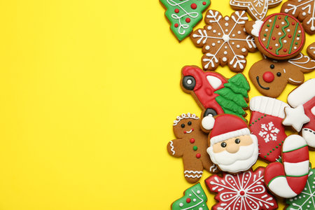 Different tasty Christmas cookies on yellow background, flat lay. Space for textの写真素材