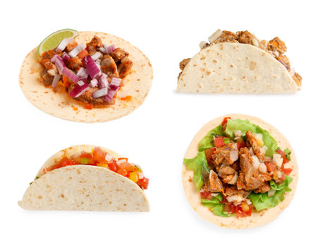 Different delicious tacos isolated on white, setの写真素材
