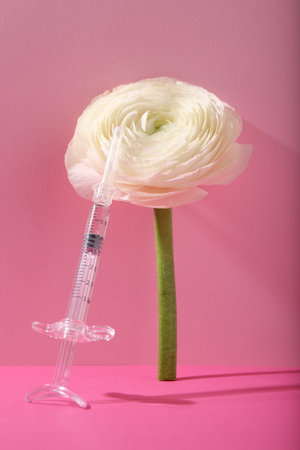 Cosmetology. Medical syringe and ranunculus flower on pink backgroundの写真素材