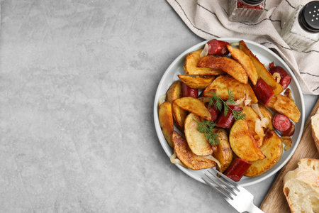 Delicious baked potato with thin dry smoked sausages served on gray table, flat lay. Space for text