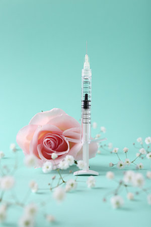 Cosmetology. Medical syringe, rose and gypsophila flowers on turquoise backgroundの写真素材