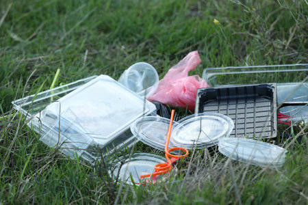 Used plastic tableware and bag on grass outdoors, closeup and space for text. Environmental...