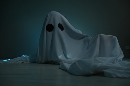 Creepy ghost. Woman covered with sheet on dark teal backgroundの写真素材