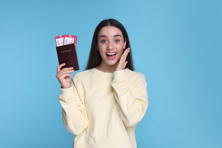 Happy woman with passport and tickets on light blue backgroundの写真素材