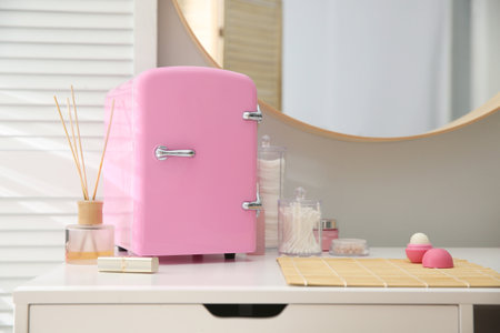 Cosmetics refrigerator and skin care products on white vanity table indoorsの写真素材