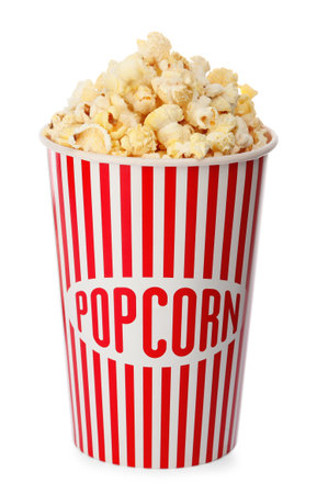Tasty fresh pop corn in bucket isolated on whiteの写真素材