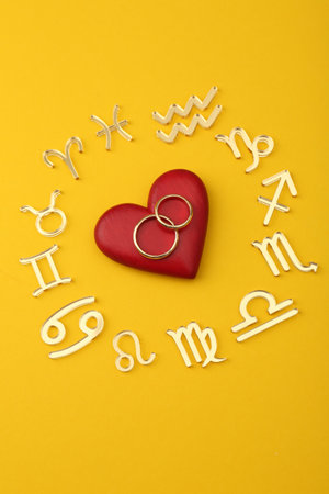 Zodiac signs, red heart and wedding rings on yellow background, flat layの写真素材