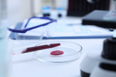 Dripping blood sample onto Petri dish on white table in laboratory, closeupの写真素材