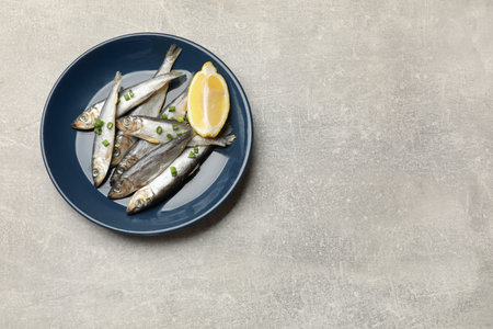 Fresh raw sprats, green onion and cut lemon on gray table, top view. Space for textの写真素材